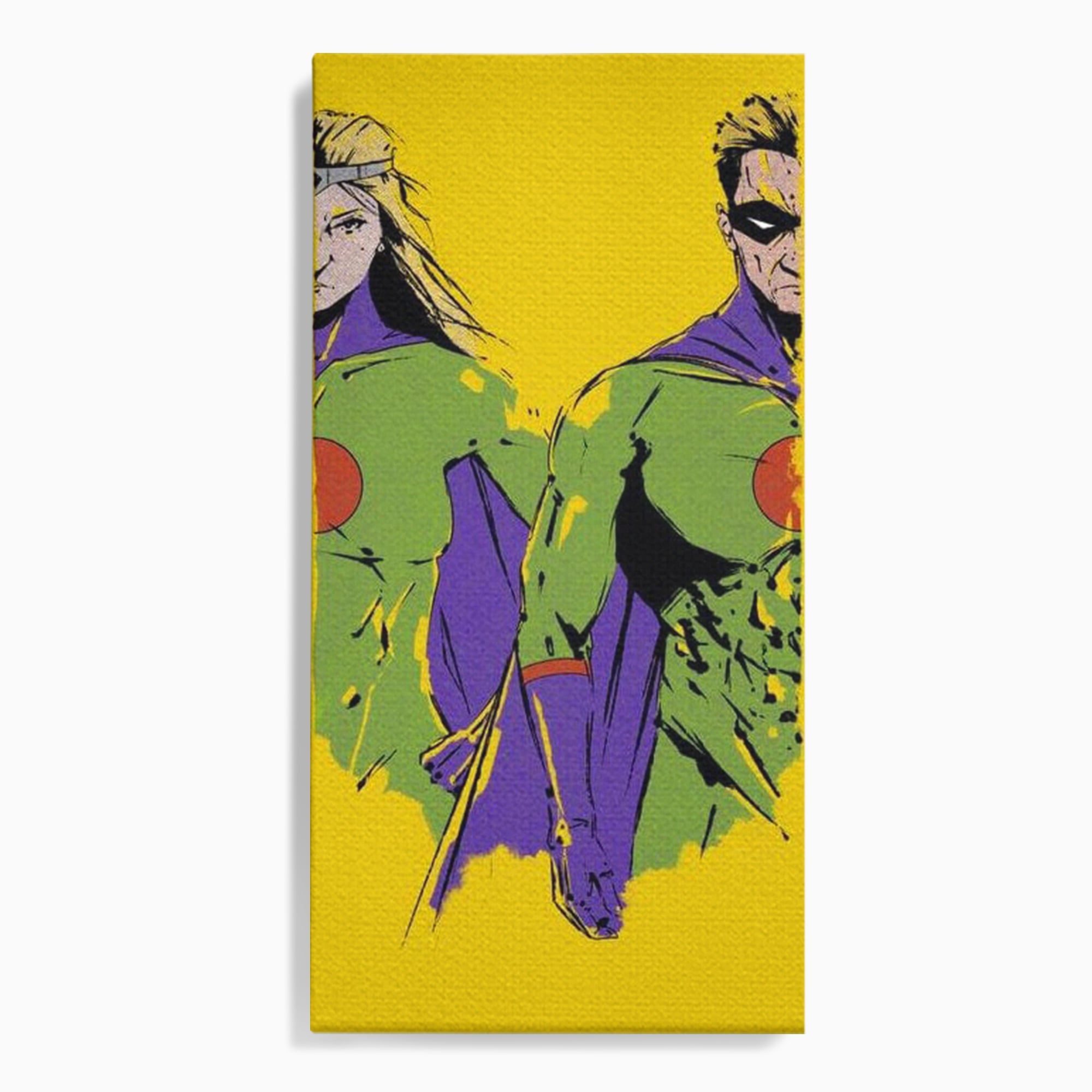Tablou canvas cu tablou canvas cu doi supereroi pe fundal galben, fara rama, pe sasiu de lemn
